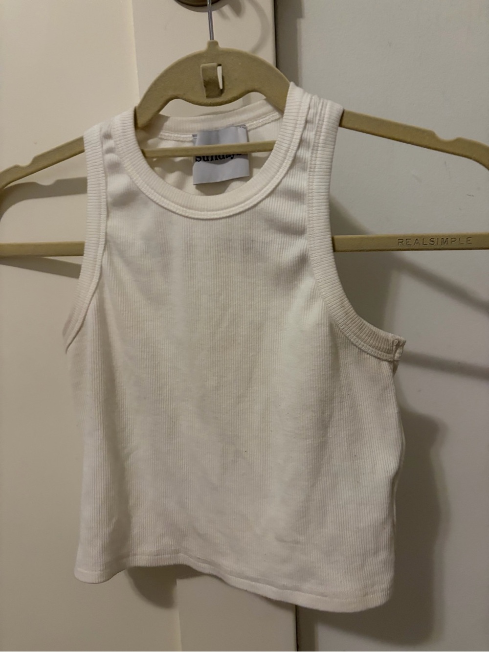 sundays Cropped White Ribbed Racerback Tank